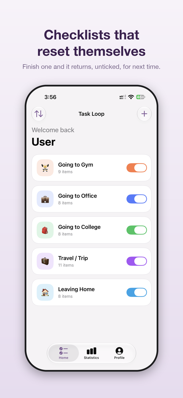 Task Loop home screen listing reusable checklists
